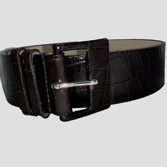 Vintage Faux Croc Leather Belt XS  Silvertone Buckle  Quiet Luxury Brown - Picture 2 of 5